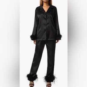 Feather Trimmed Satin Set in Black